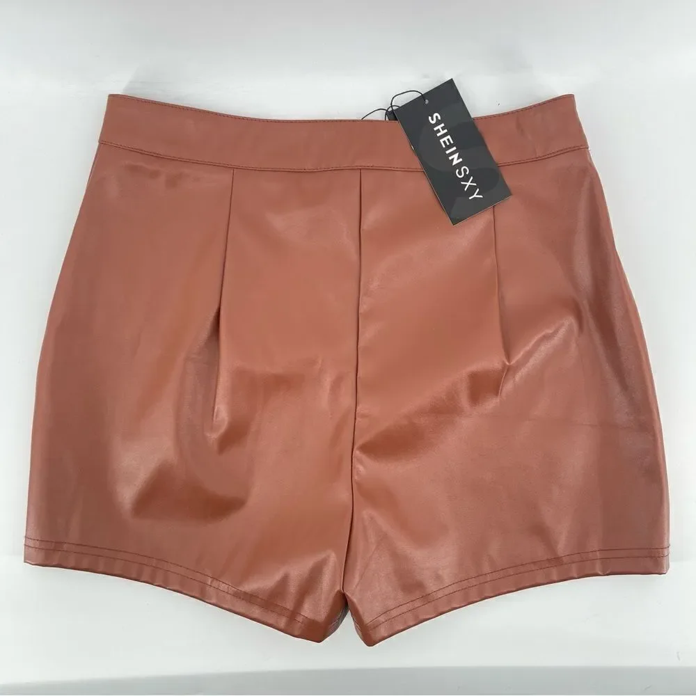 SHEIN SXY Women’s Brown High Waist PU Faux Leather Shorts Large